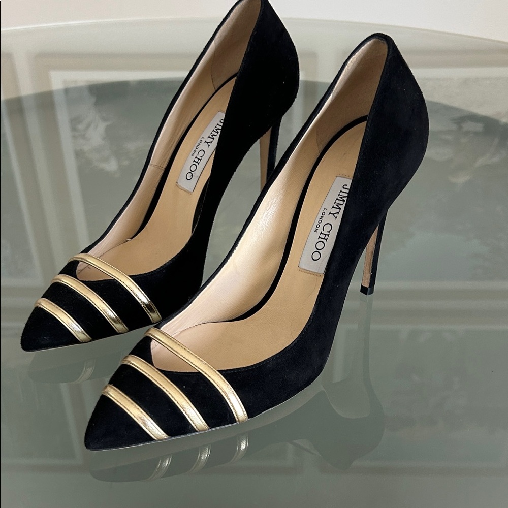 Jimmy Choo Black Suede Pumps with Gold Accent Straps